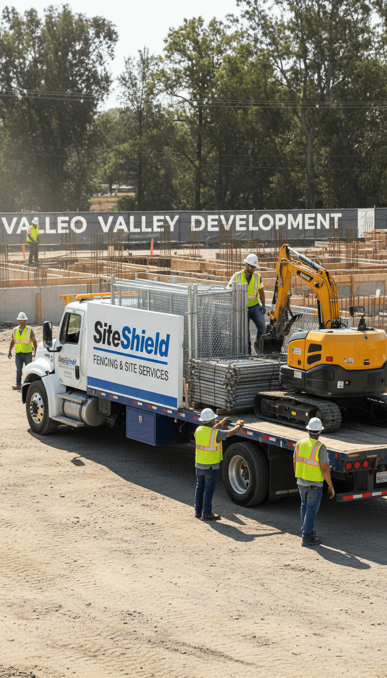 Camión de SiteShield entregando maquinaria de alquiler en una obra en Vallejo.