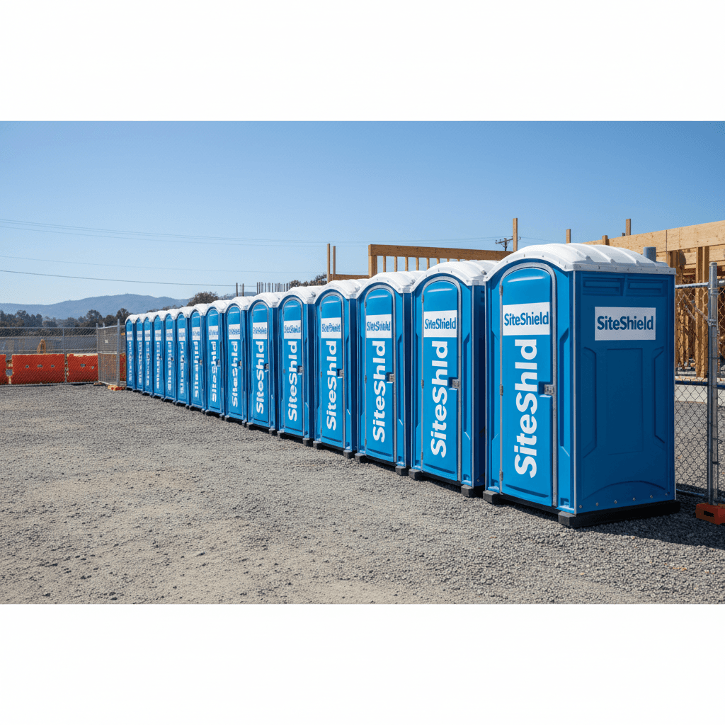 Multiple portable sanitation units lined up in organized rows on a distribution yard in bright daylight