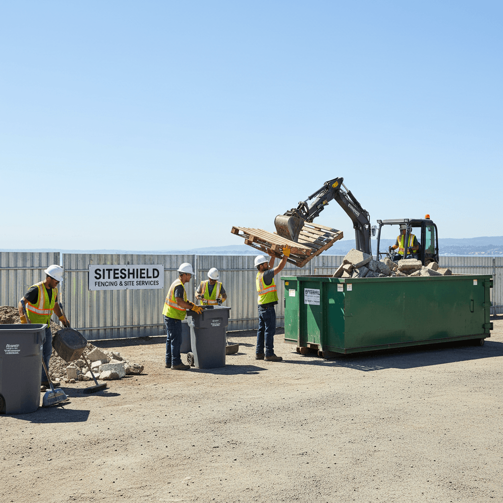 Workers cleaning out a property with temporary fencing and dumpster