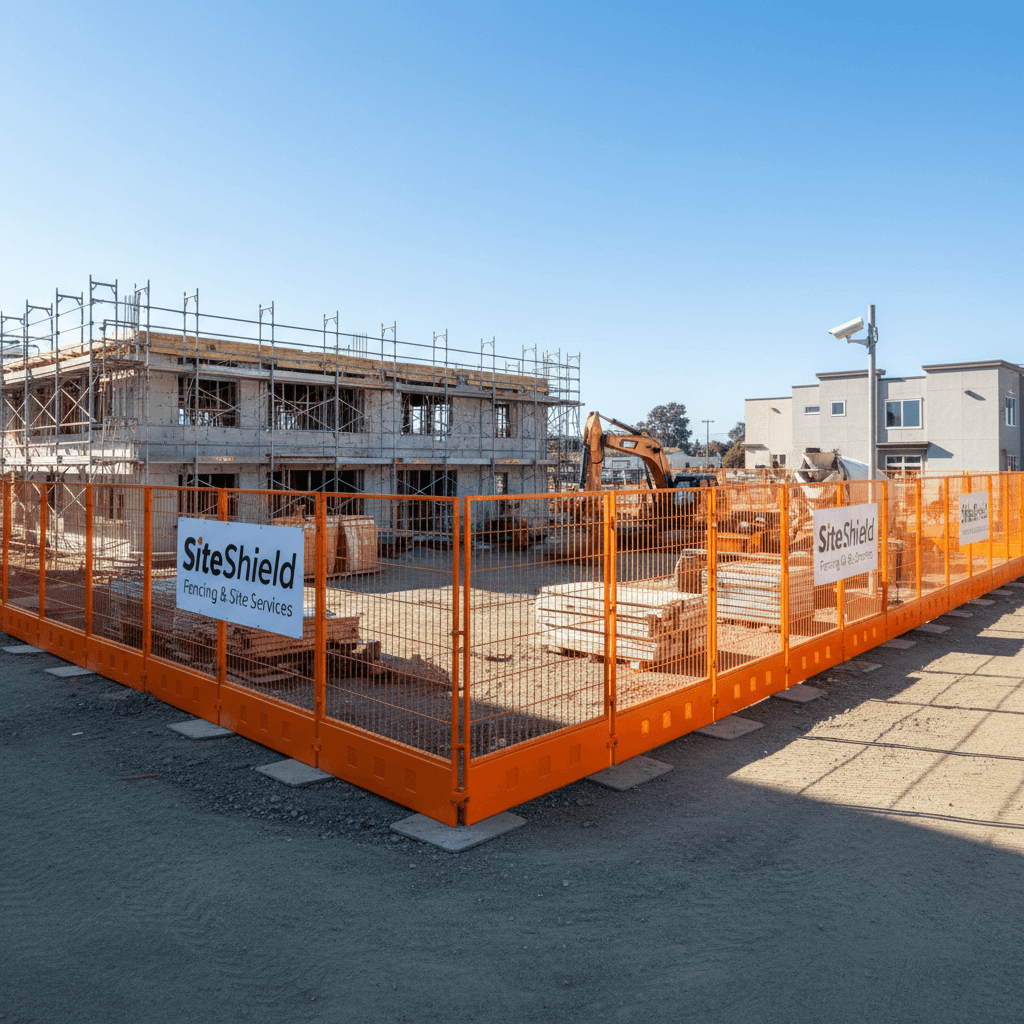 Orange temporary fencing panels enclosing a construction site under a clear sky