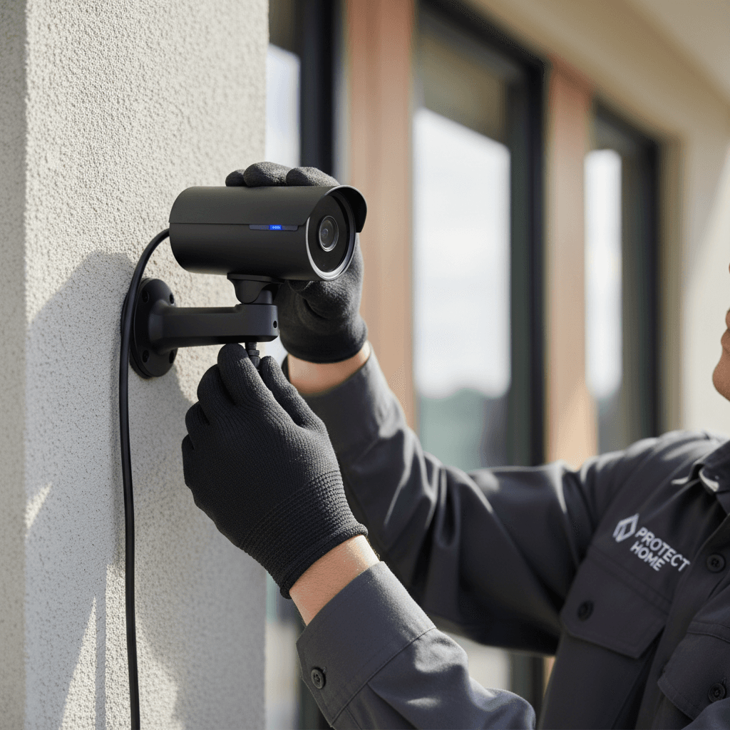 White security camera mounted on a building exterior wall