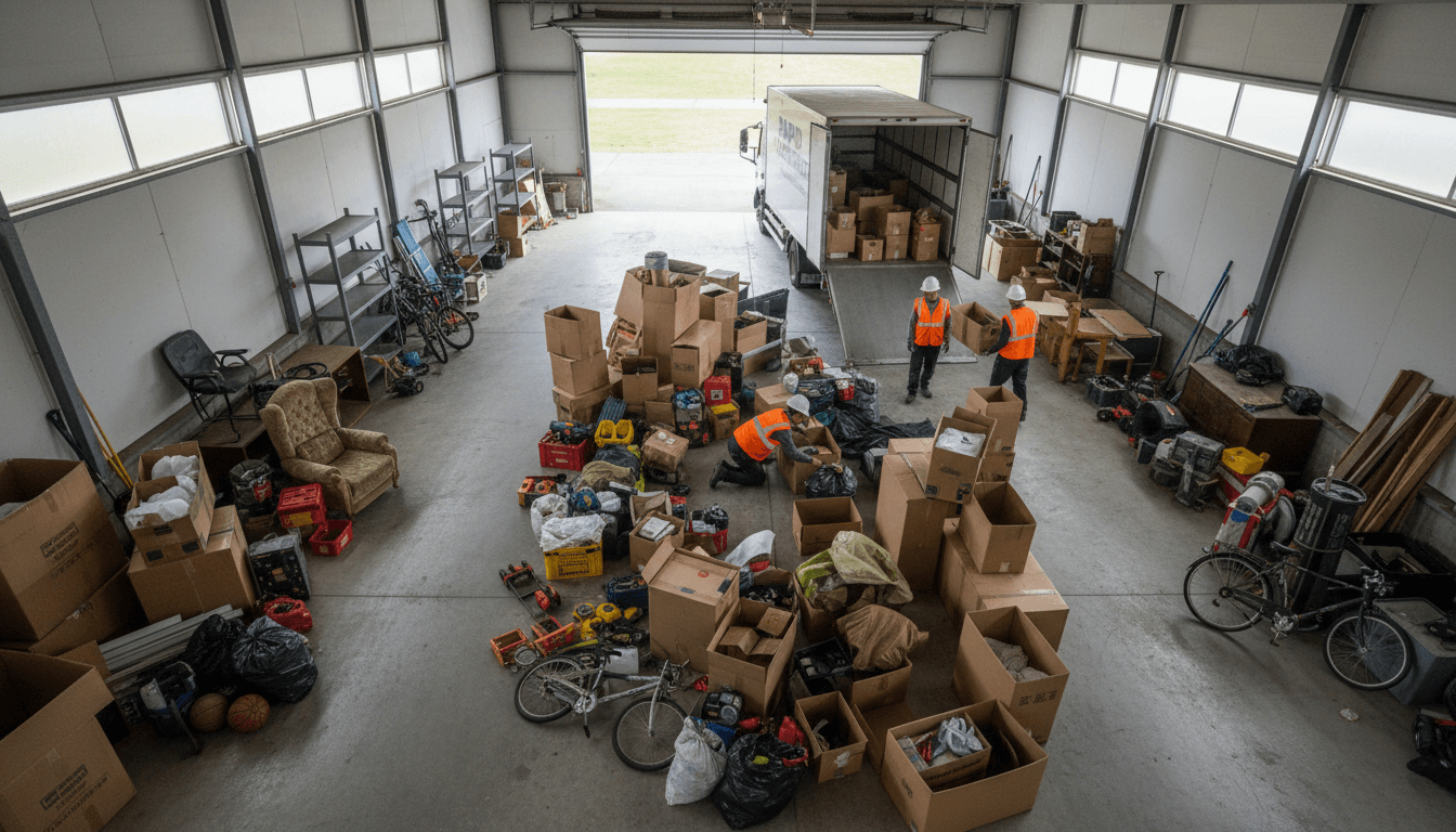 Overhead view of garage cleanout with three workers organizing and removing accumulated household items and clutter