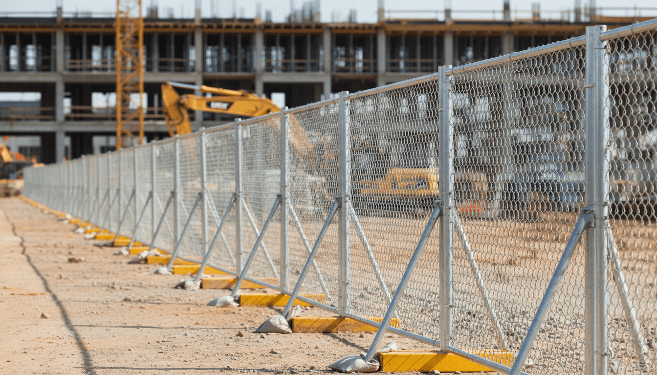 Wide view of temporary metal chain-link fencing securing a construction site perimeter with multiple modular panels installed