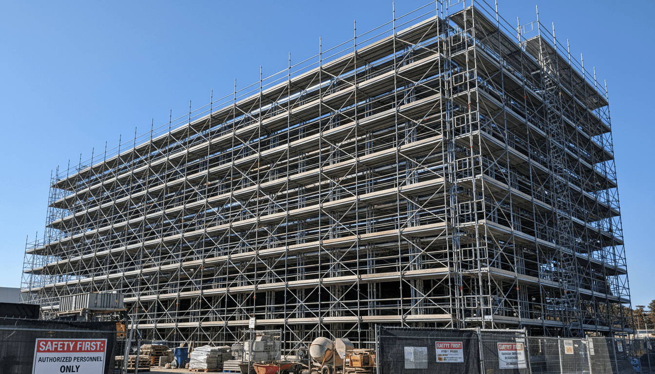 Metal scaffolding structure against a commercial building